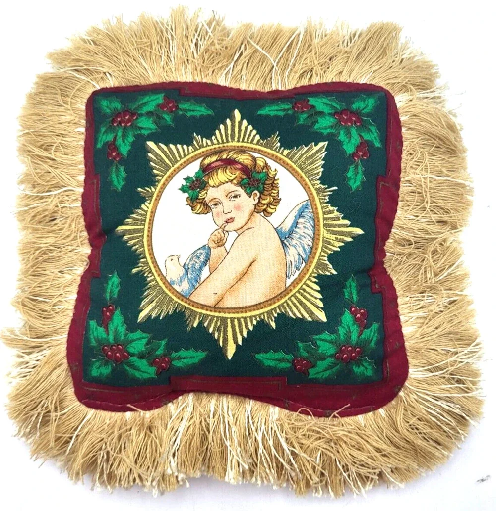 Vintage Christmas Angel Decorative Pillow Thick Gold Fringe 9